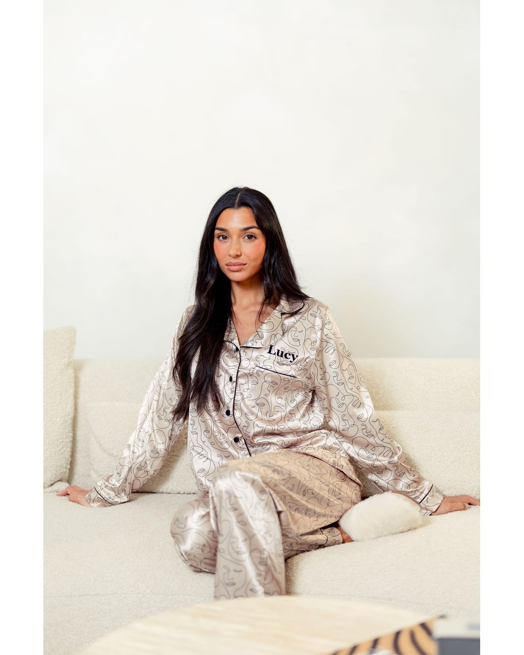 Lulabay Natural Personalised Satin Long Abstract Print Pyjamas