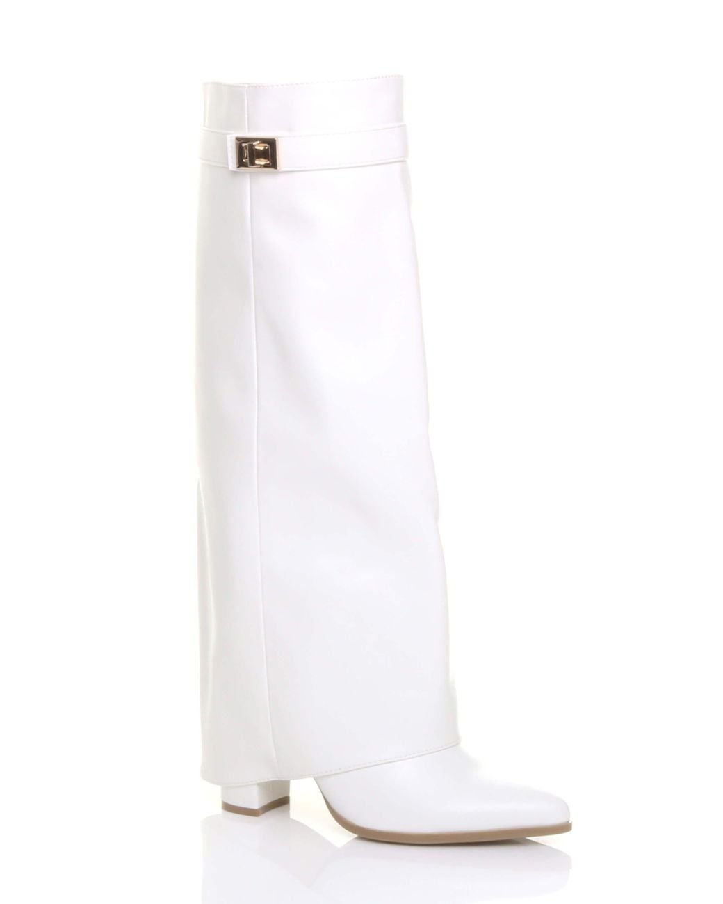 AJVANI White High Block Heel Pointed Toe Fold Over Knee Boots