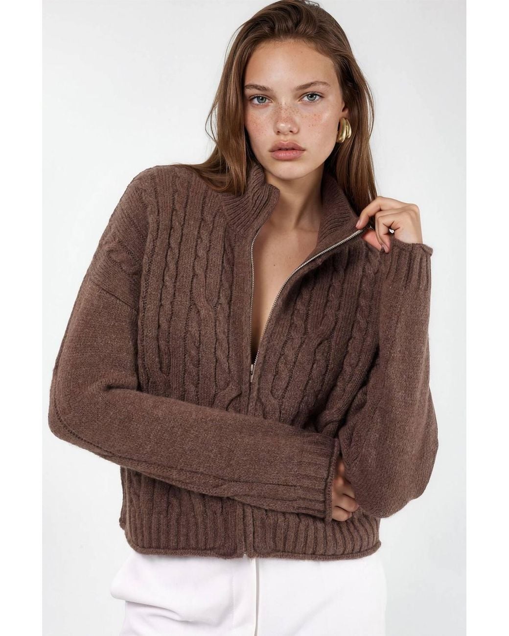 Hiccup Brown Crop Soft Touch Zip-Up Cable Knit Cardigan
