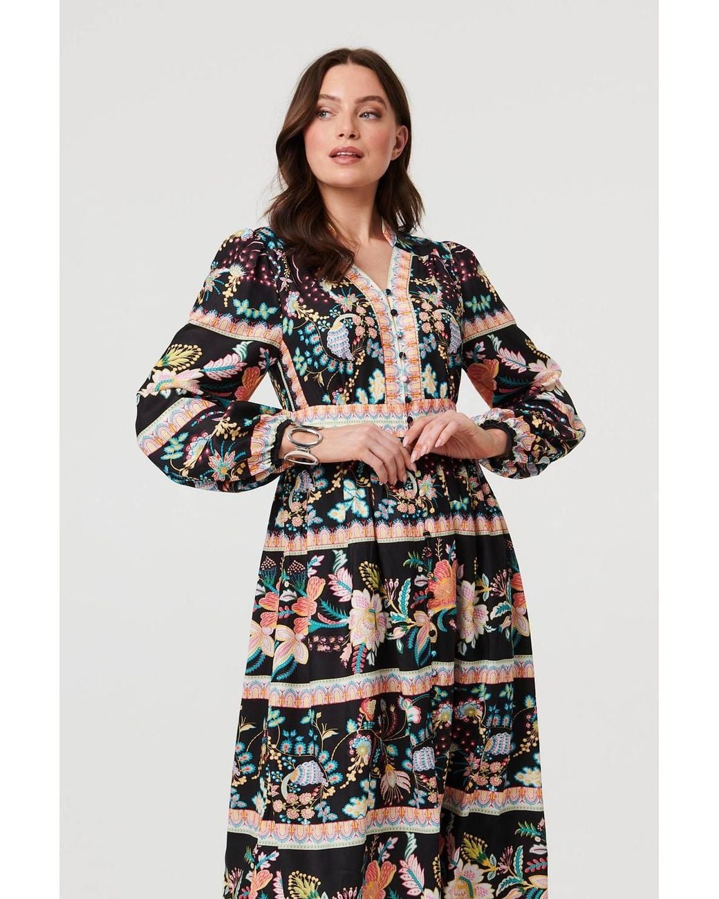 Izabel London White Floral Long Sleeve Buttoned Midi Dress