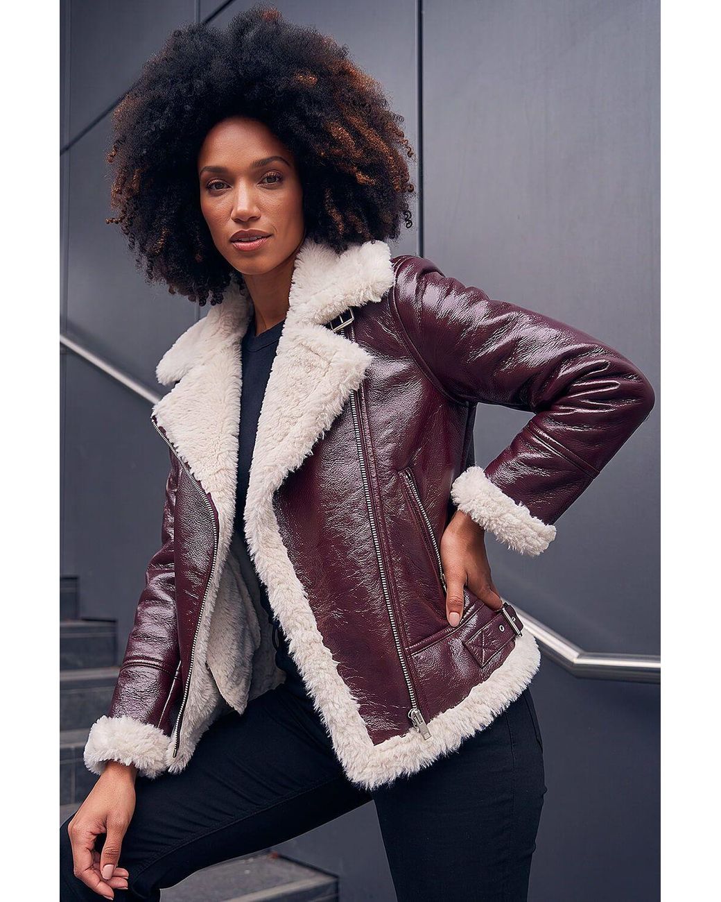 Roman Purple Contrast Faux Leather Aviator Coat