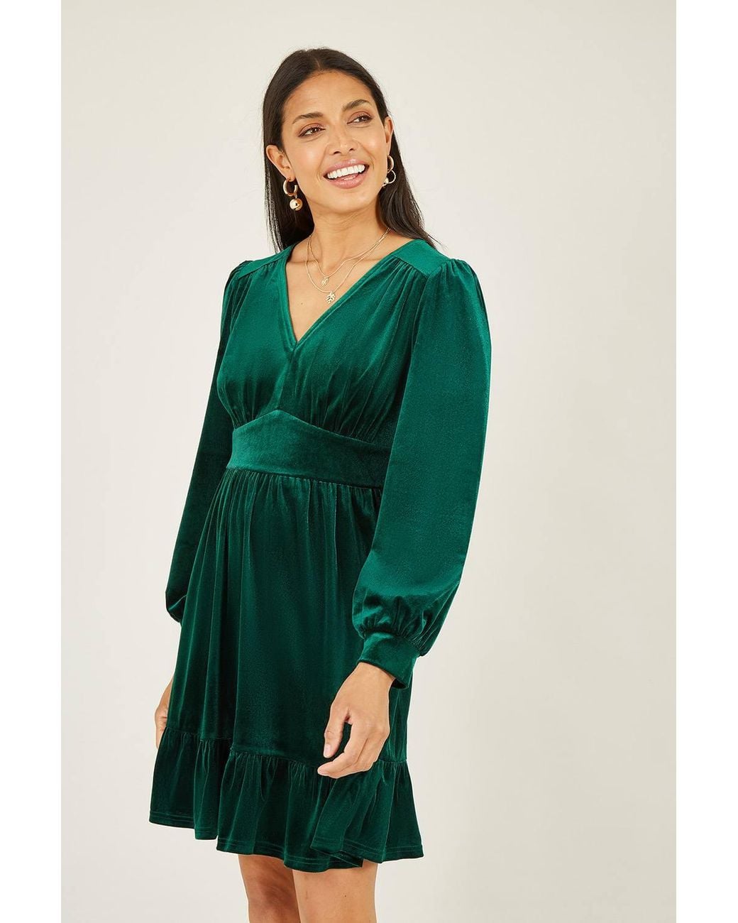 Yumi' Green Velvet Long Sleeve Skater Dress