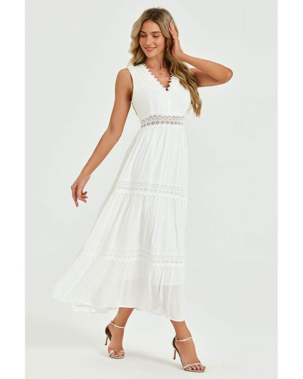FS Collection White Lace Trim V-Neck Tiered Sleeveless Midi Dress