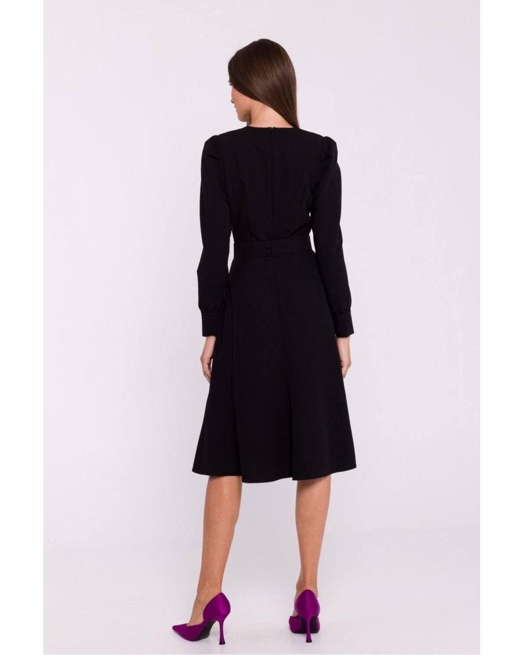 Love Lace Black Viscose Flared Long Sleeve Dress With Zip