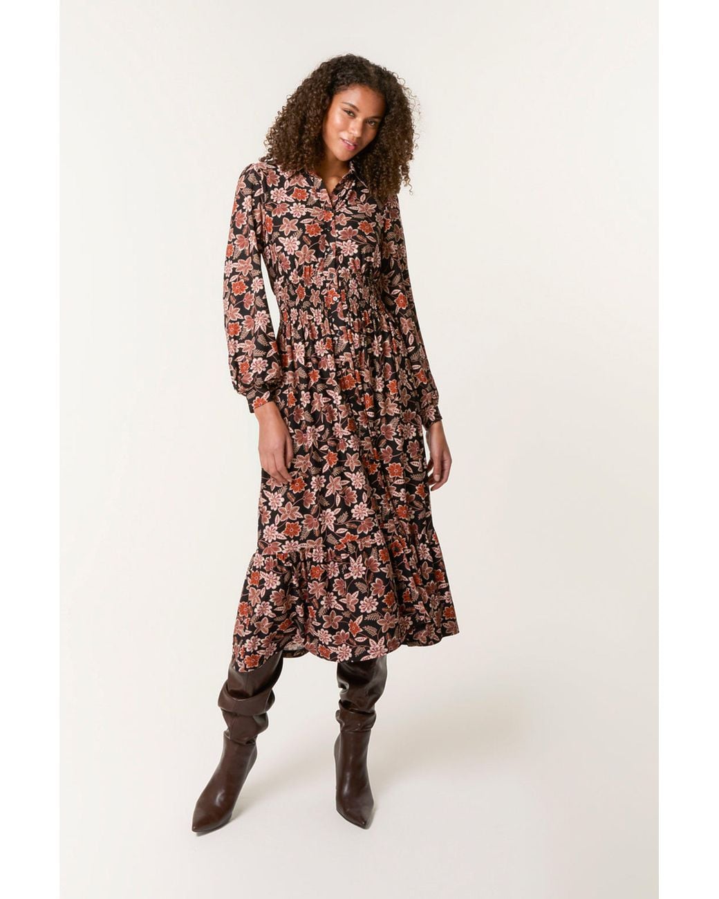 Blue Vanilla Natural Shirred Waist Long Sleeve Button Up Collar Midi Dress
