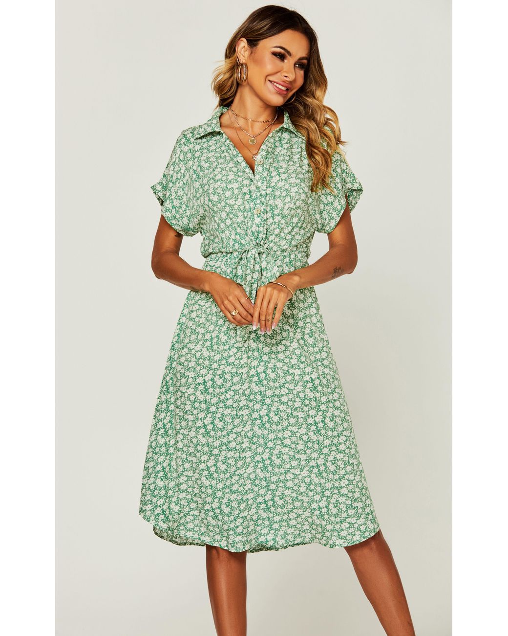 FS Collection Green Relaxed Floral Print Button Down Midi Shirt Dress