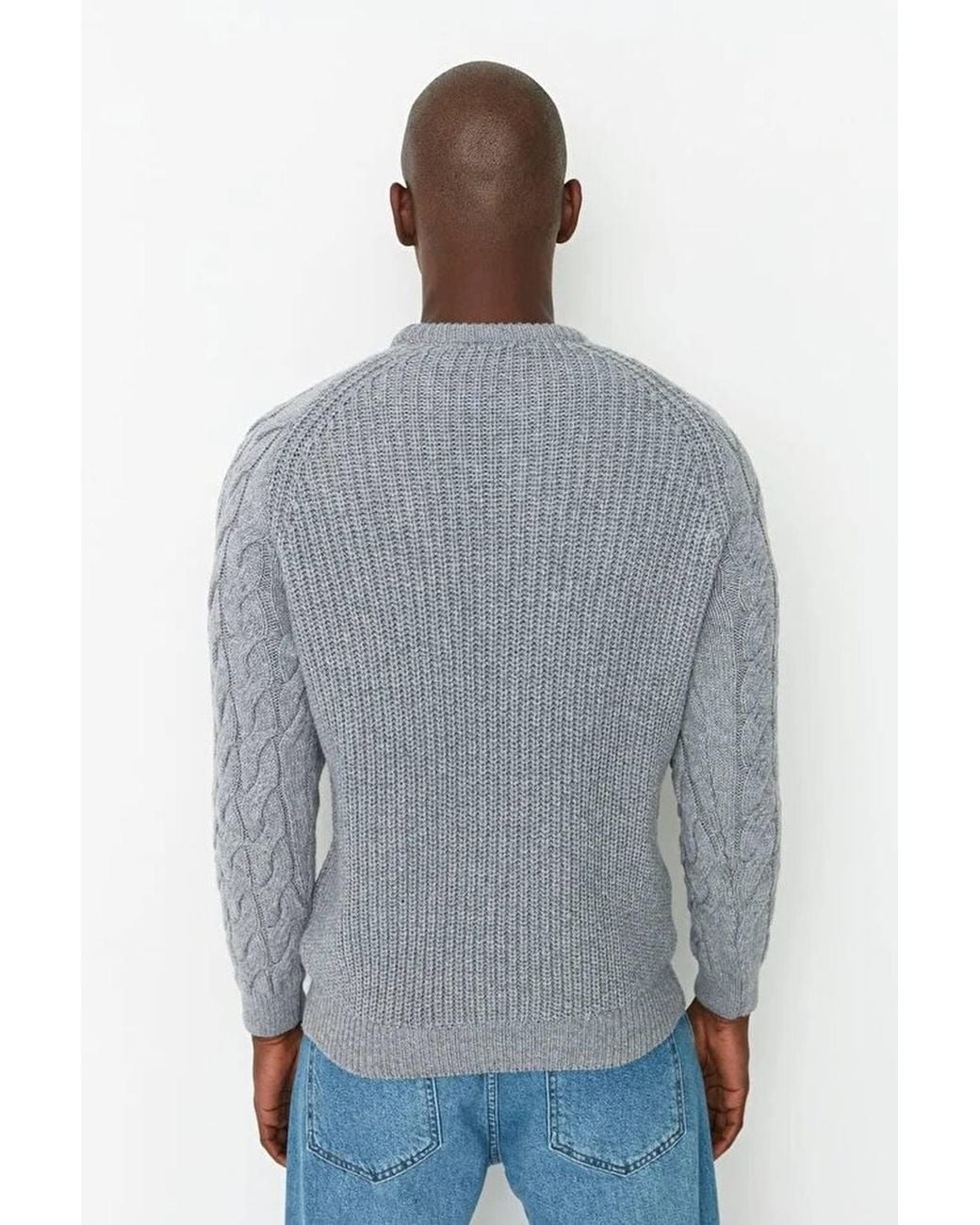 WOVCOR Gray Regular Fit Textured Cable Knit Sweater for men