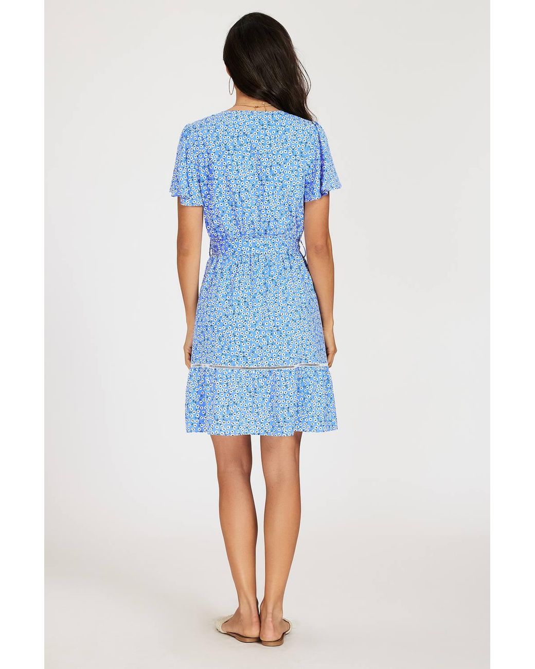 FS Collection Blue Floral Wrap Front Mini Dress With Lace Trim Hem