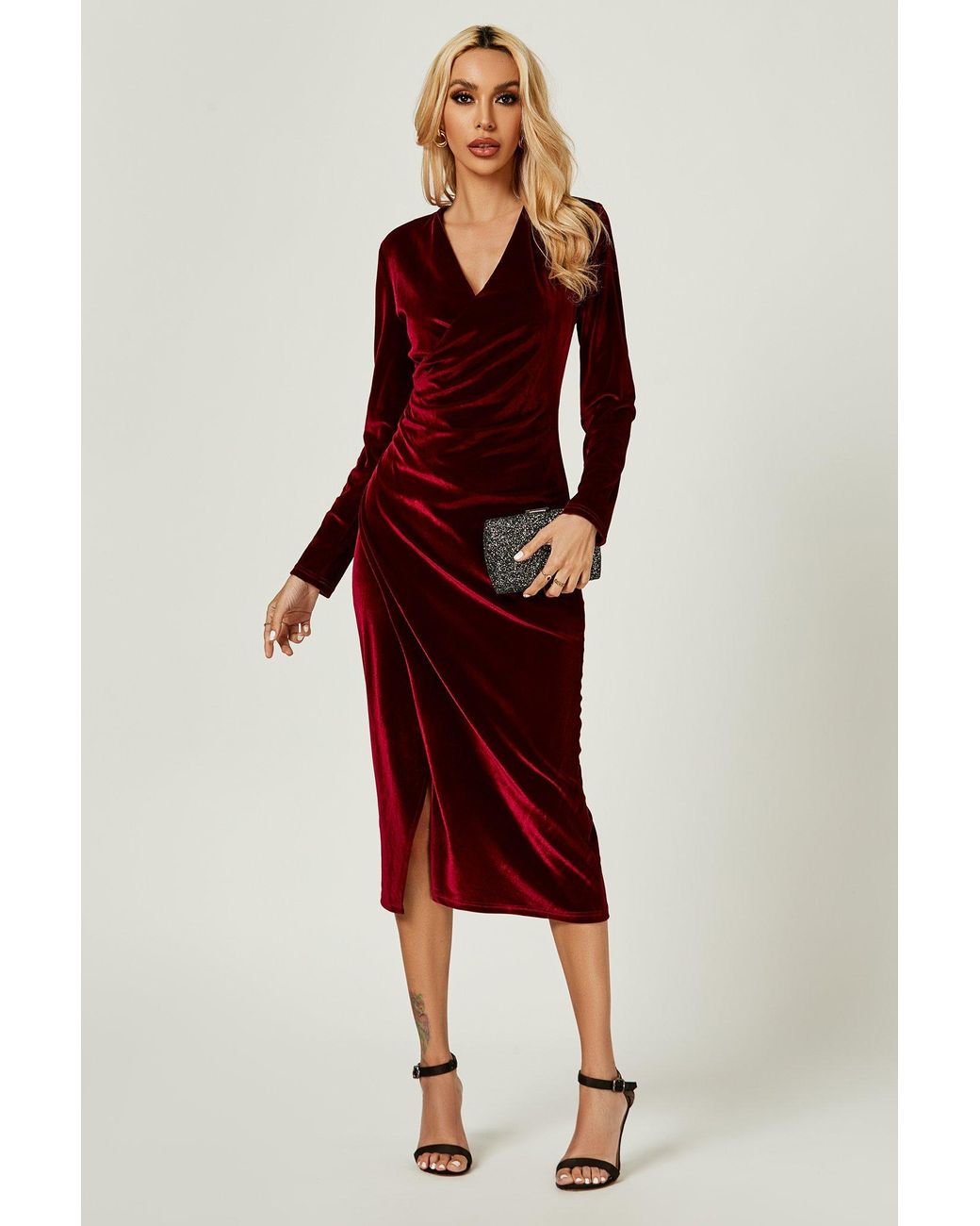 Animal Print Long Sleeve Wrap Style Midi Dress In Red Copper, FS  Collection