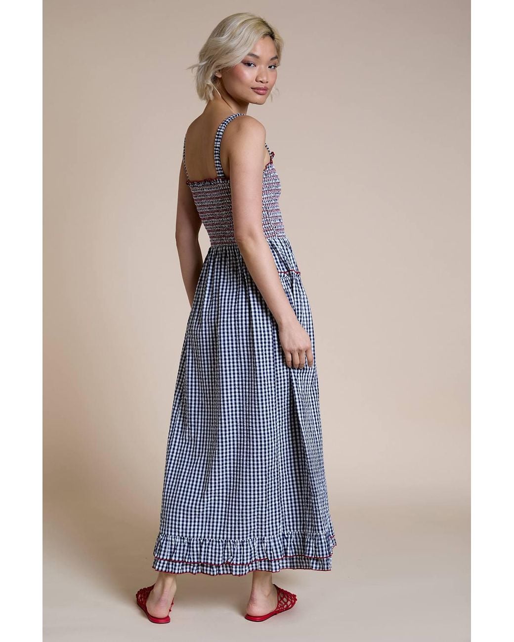 Neon Rose Blue Cotton Shirred Ruffle Detail Midaxi Dress