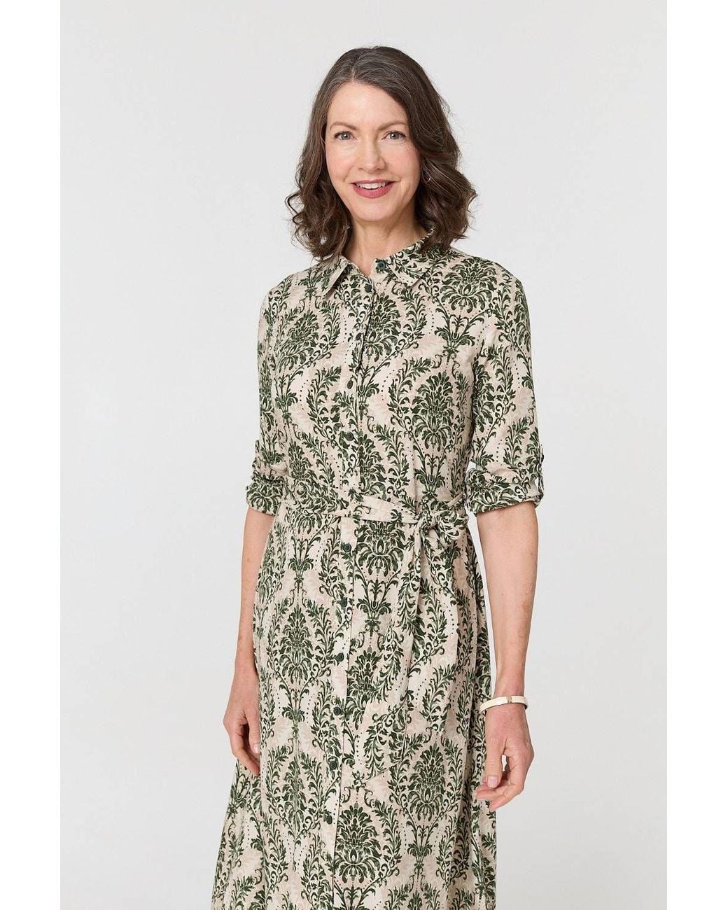 Izabel London Green Baroque Print Tie Waist Midi Shirt Dress