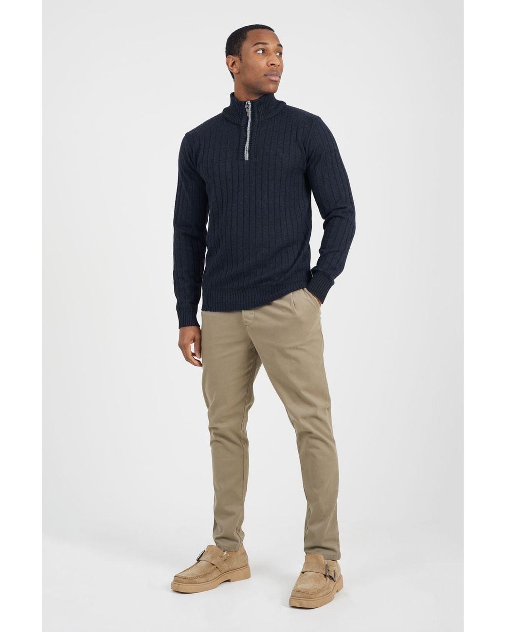 Brave Soul Blue Quarter Zip Funnel Neck Rib Knit Jumper for men