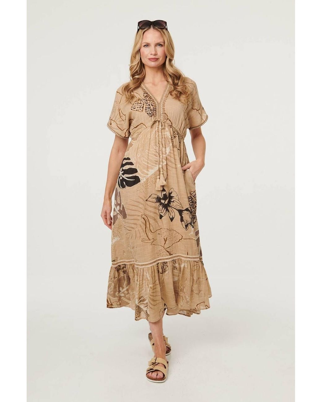 Izabel London Natural Printed Short Sleeve Empire Maxi Dress