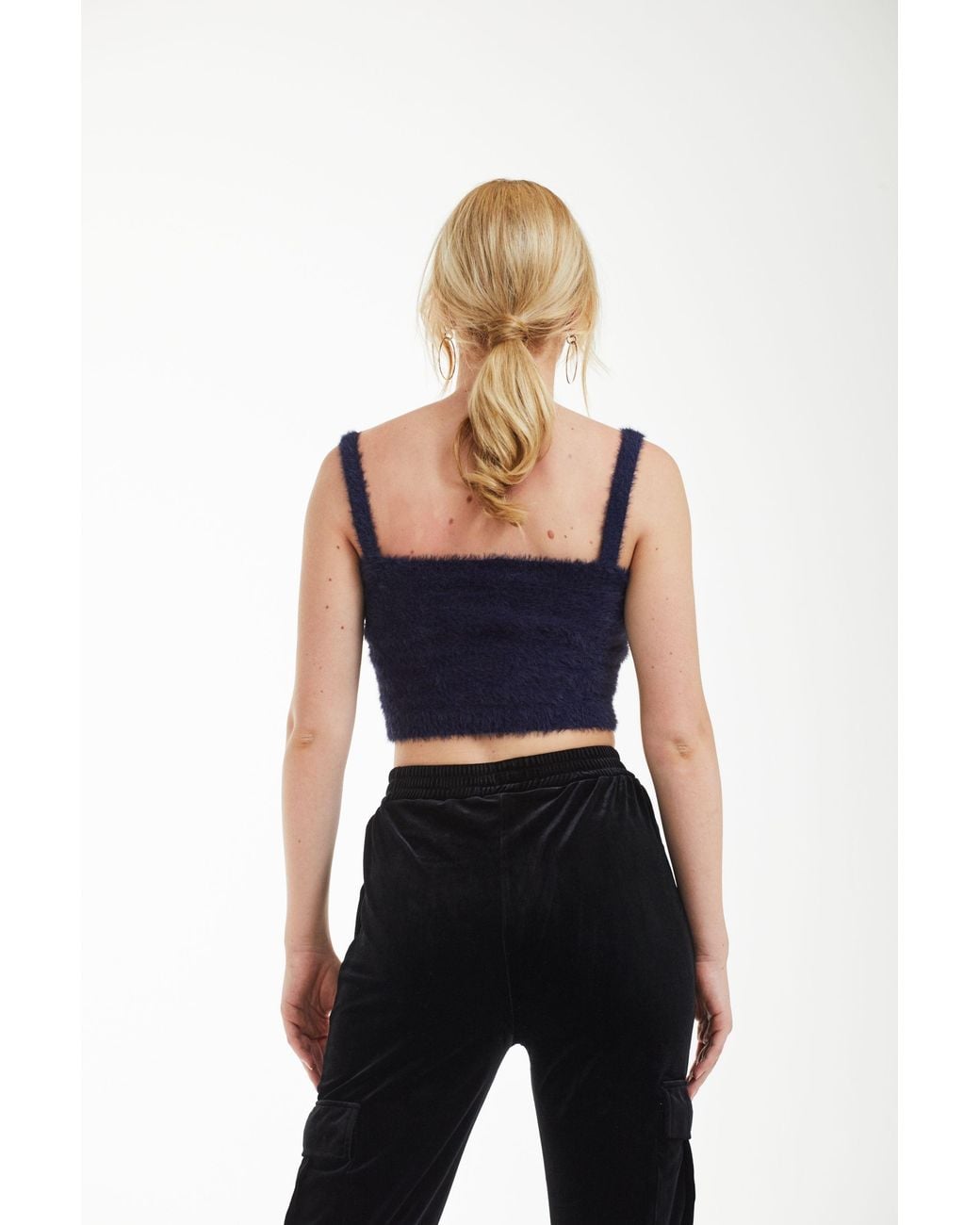 Double Second Blue Fluffy Knit Crop Top
