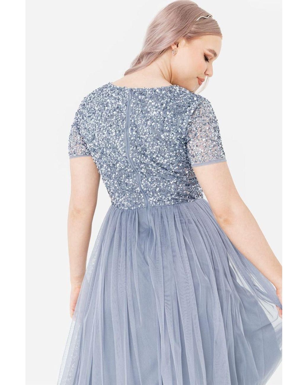Maya Deluxe Blue Short Sleeve V Neck Embellished Midi Dress