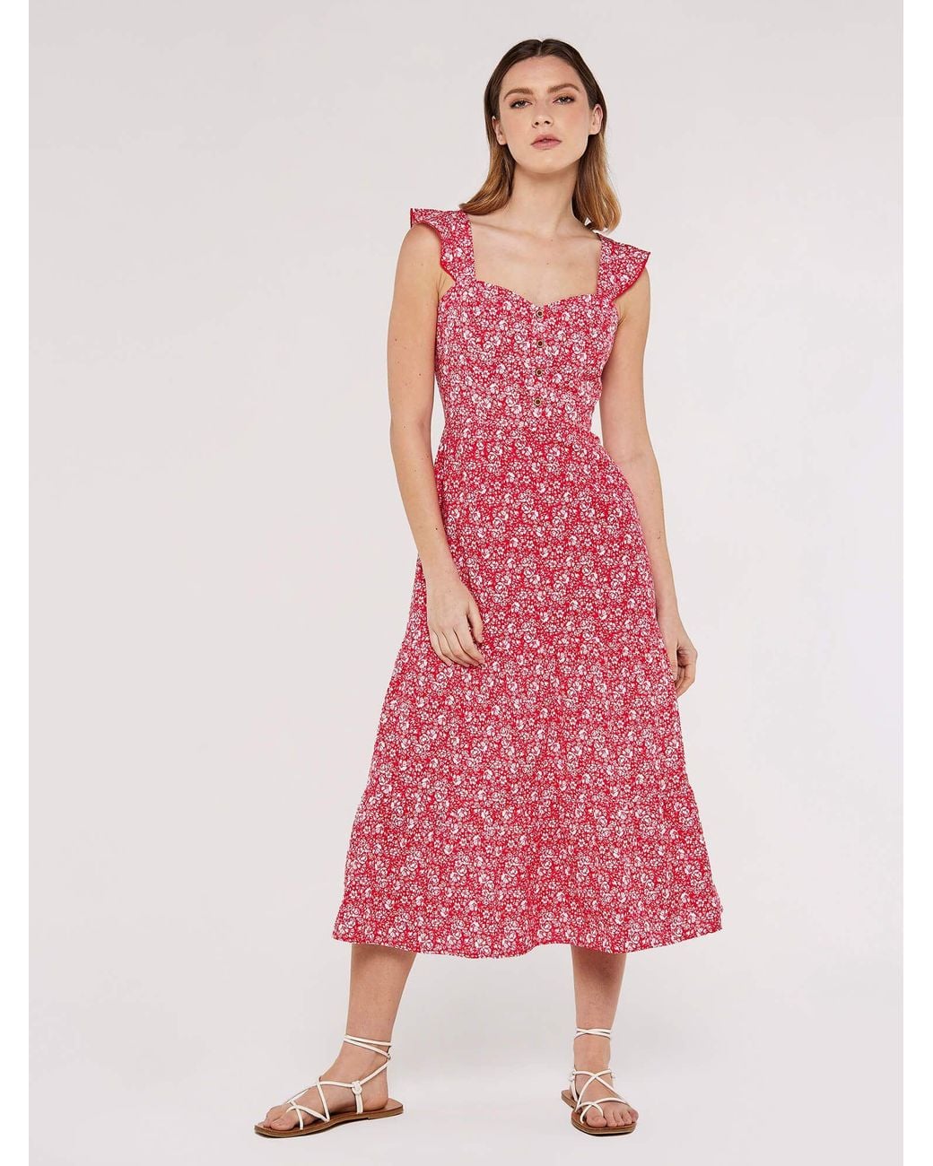 Apricot Pink Ditsy Floral Tiered Midi Dress