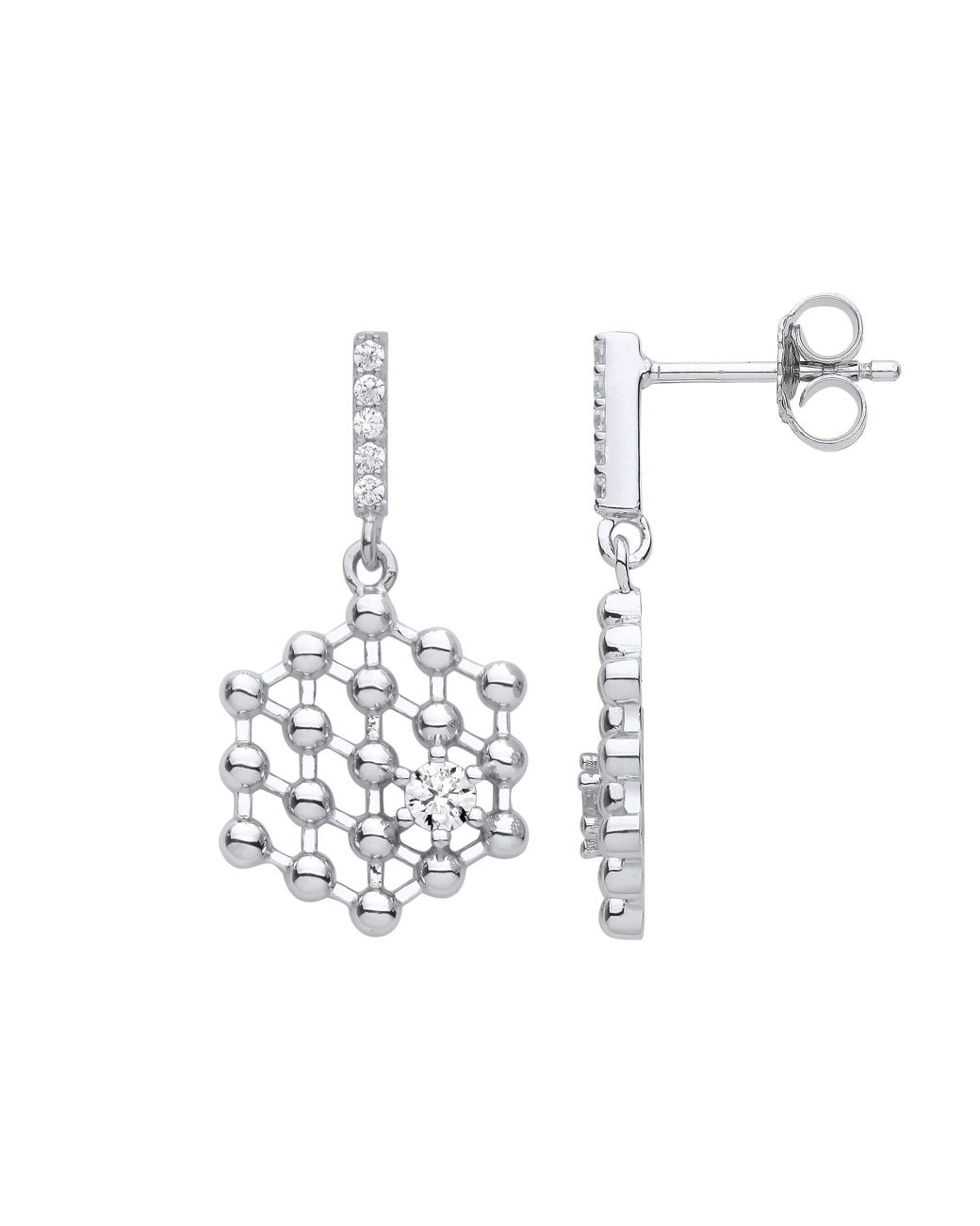 Jewelco London White Cz Molecular Structure Hexagon Honeycomb Drop Earrings