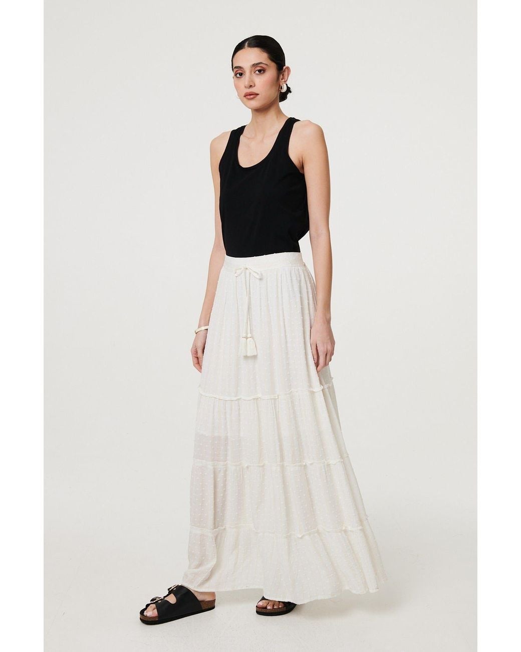 Izabel London White Textured High Waist Tiered Maxi Skirt