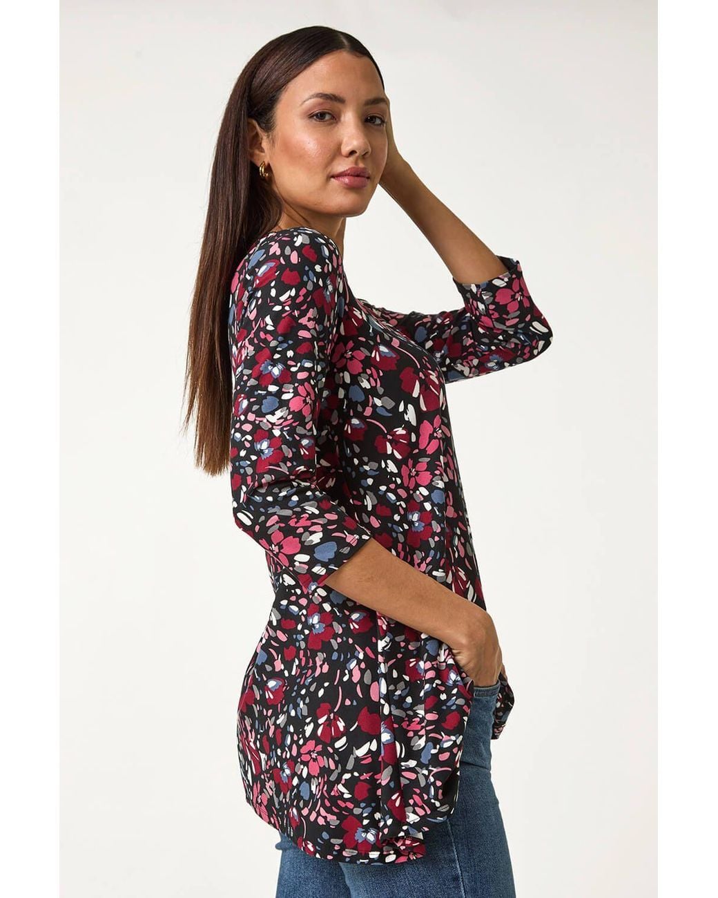 Roman Red Floral Print Swing Stretch Tunic Top