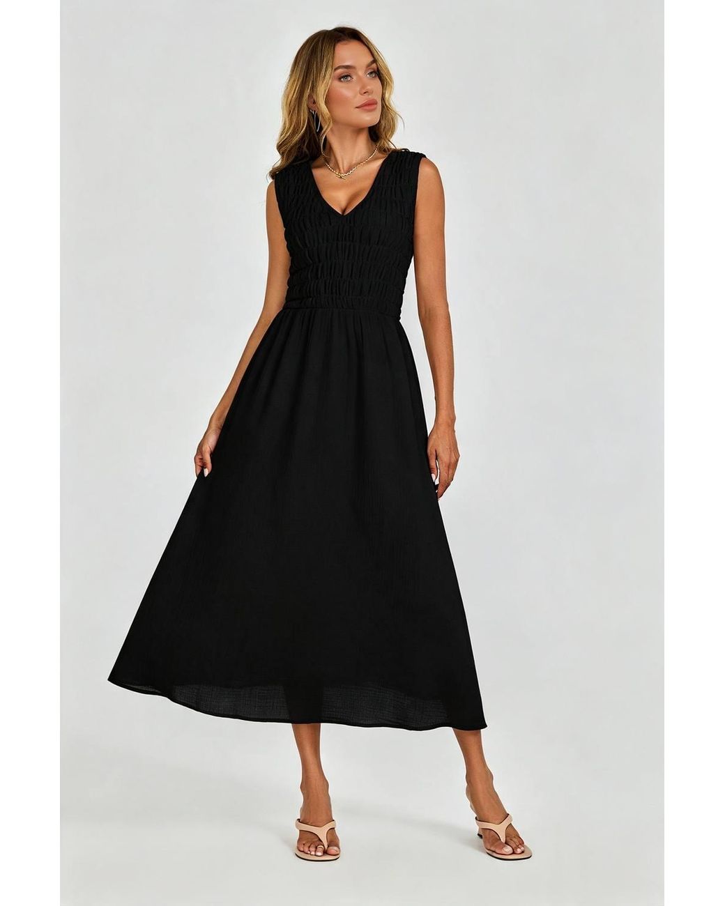 FS Collection Black Sleeveless Shirred Bodice Midi Dress