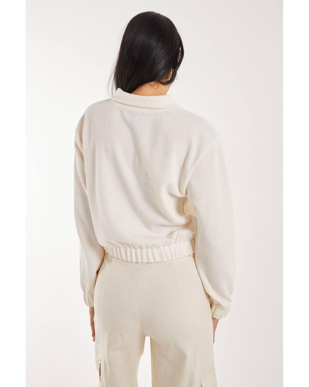 Pink Vanilla White High Neck Zip Up Cropped Sweateshirts