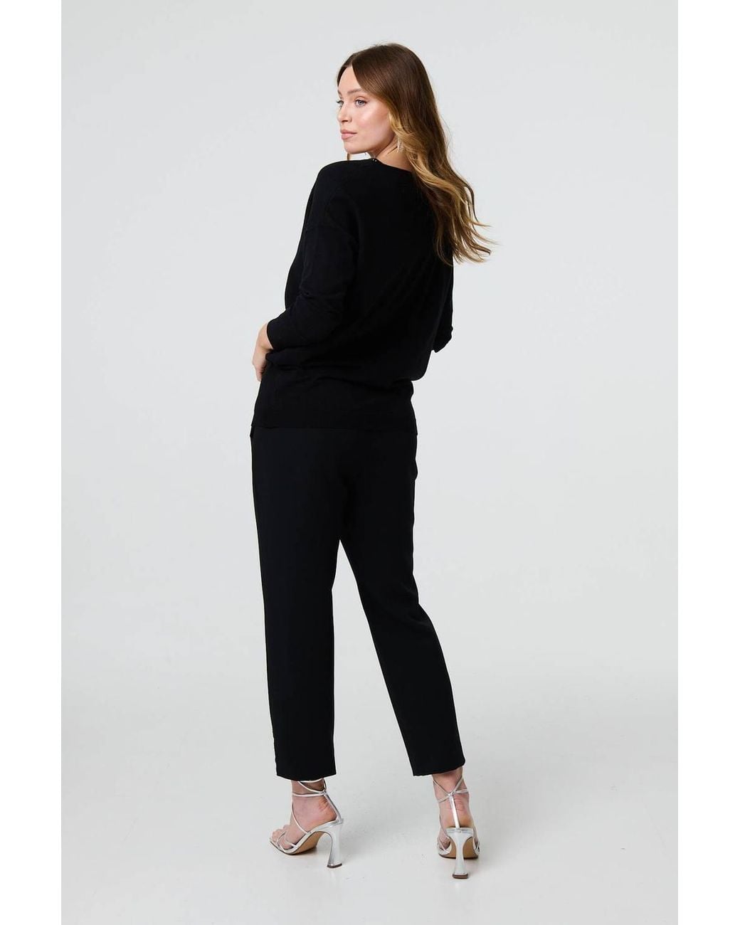 Izabel London Black Sequin Mesh V-Neck Knitted Top