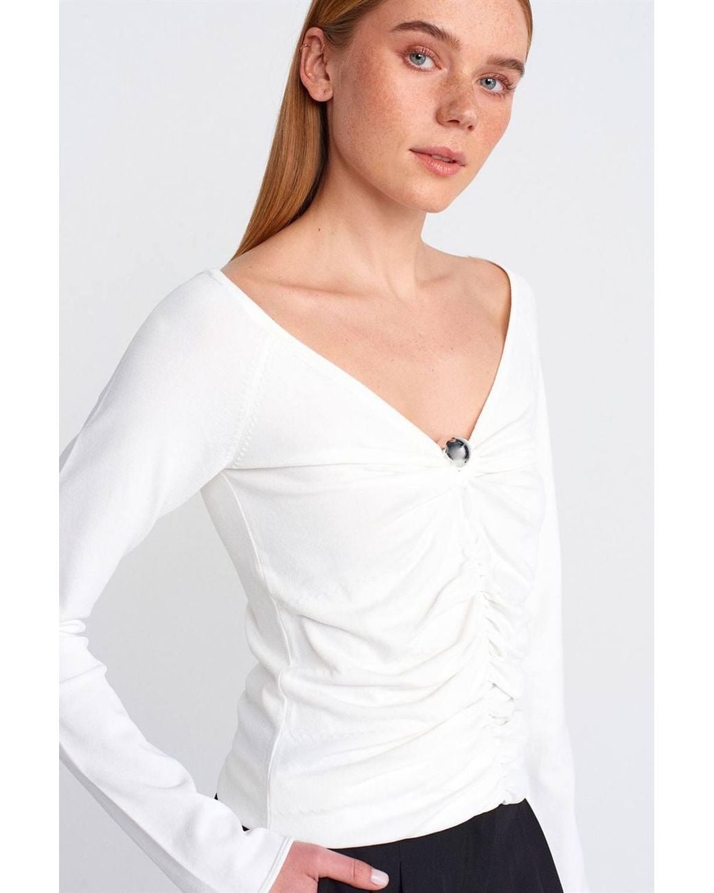 Dilvin White Slim Fit Ribbed V-Neck Sweater