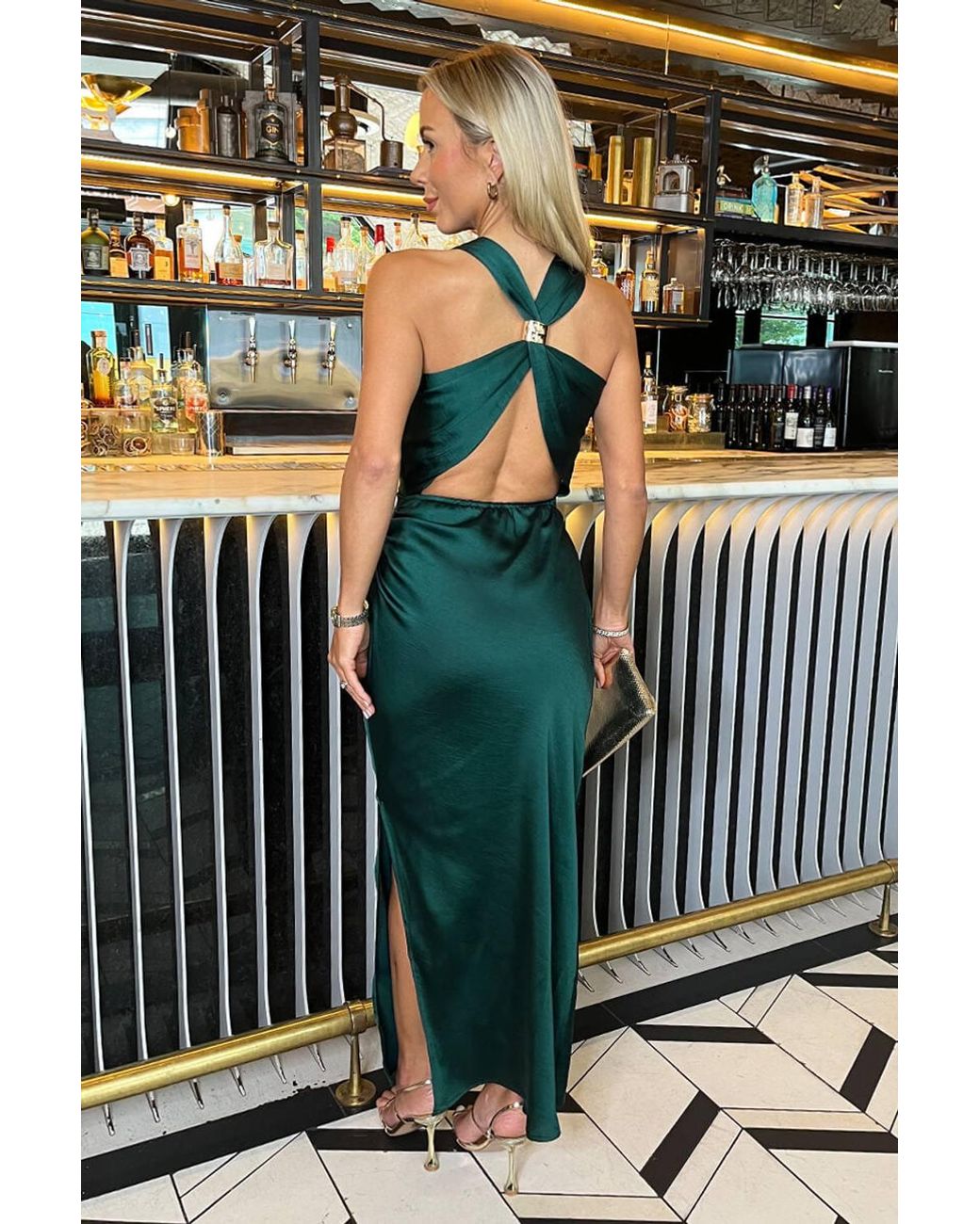 AX Paris Blue Satin Cowl Neck Cross Back Midi Dress
