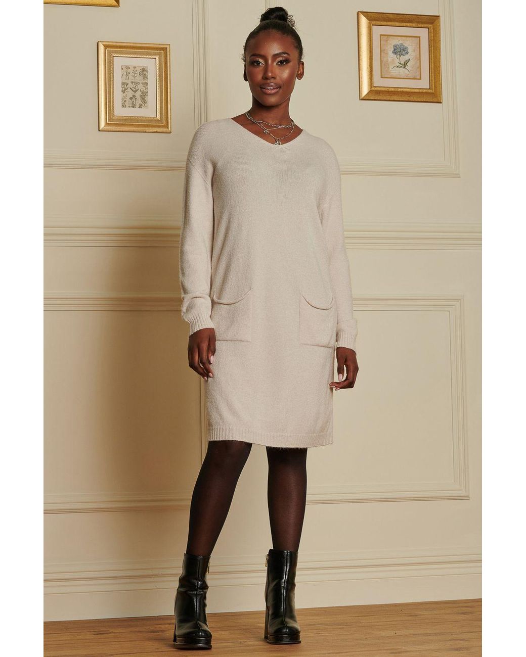 Jolie Moi Natural V Neck Knitted Jumper Dress