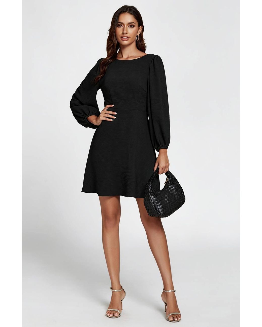 FS Collection Black Long Sleeve Back V Neck Skater Mini Dress