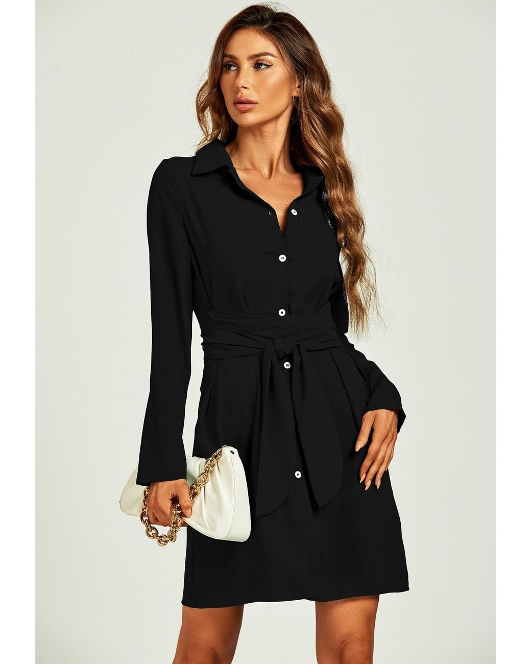 FS Collection Black Shirt Mini Wrap Dress