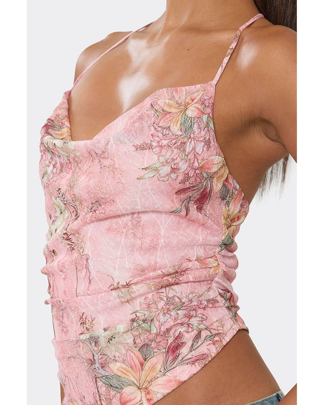 EGO Pink Strappy Cowl Neck Ruched Floral Lace Top