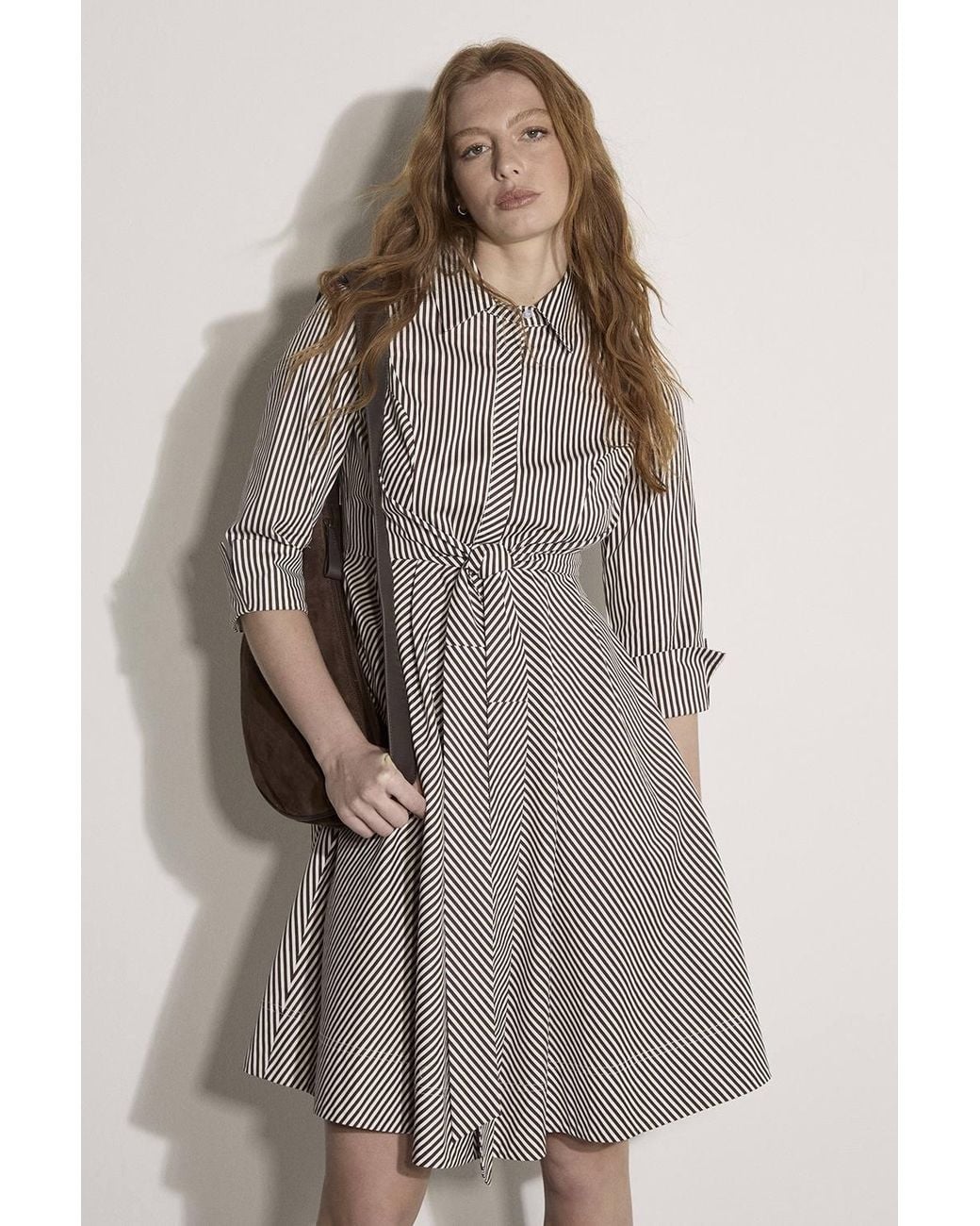 Apricot Brown Cotton Blend Stripe Shirt Mini Dress