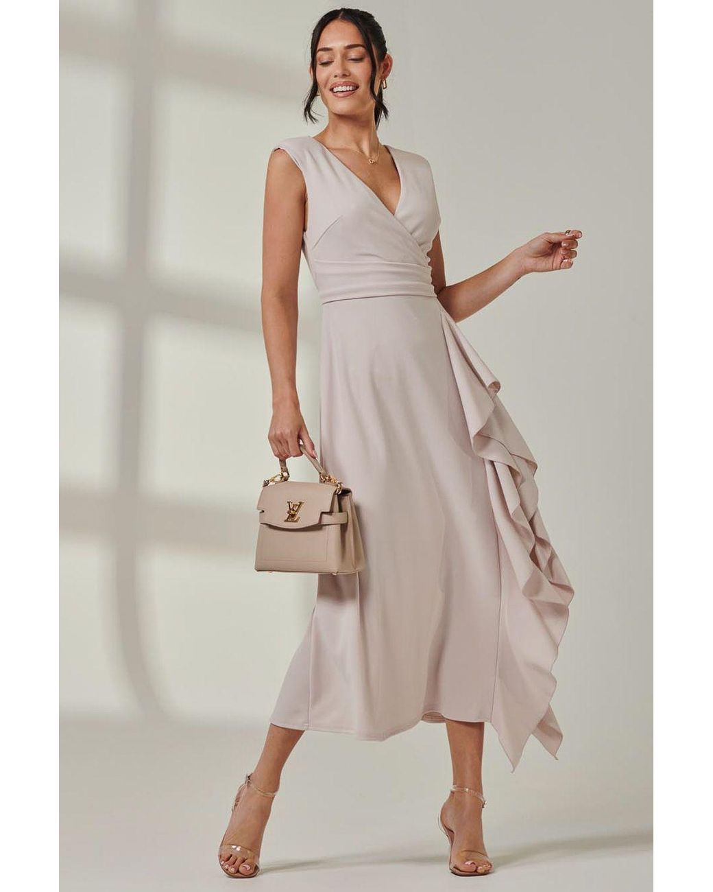 Jolie Moi Natural Wrap Front Frill Detail Maxi Dress