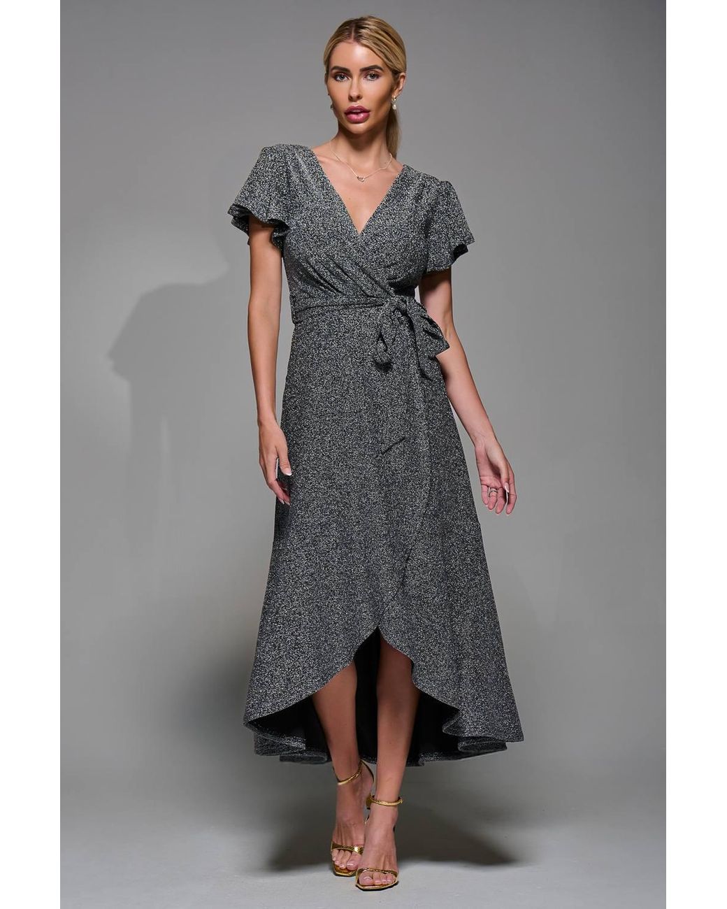 Jolie Moi Gray Metalic Angel Sleeve Wrap Maxi Dress