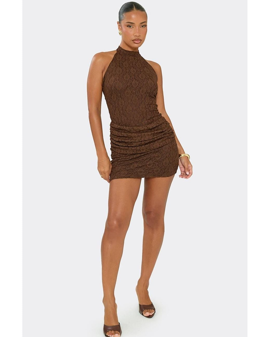 EGO Brown Sleeveless Drape Panel Lace Mini Dress