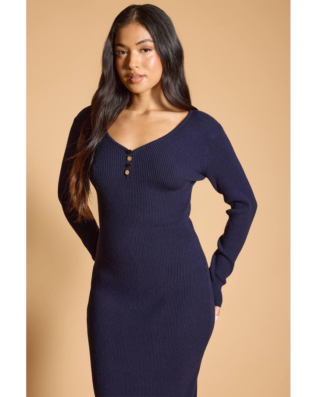 Dorothy Perkins Blue Petite V-Neck Button Down Knitted Maxi Dress