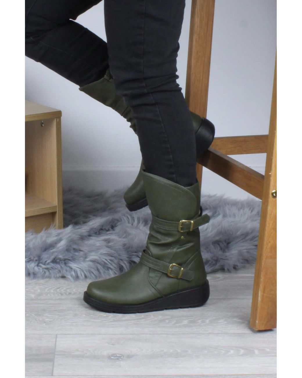 AJVANI Green Low Wedge Heel Comfort Calf Biker Boots