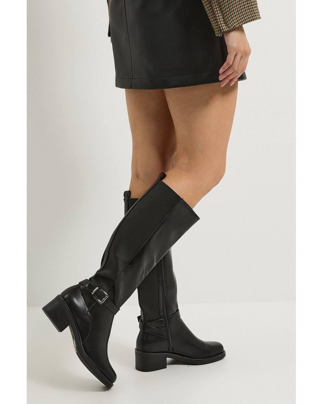 Dorothy Perkins Black Melanie Faux Leather Buckle Detail Chunky Medium Block Heel Knee Boots