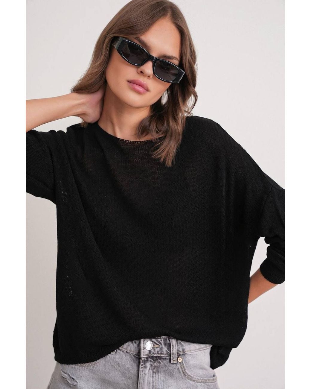 MixRay Black Oversized Boat Neck Knit Sweater