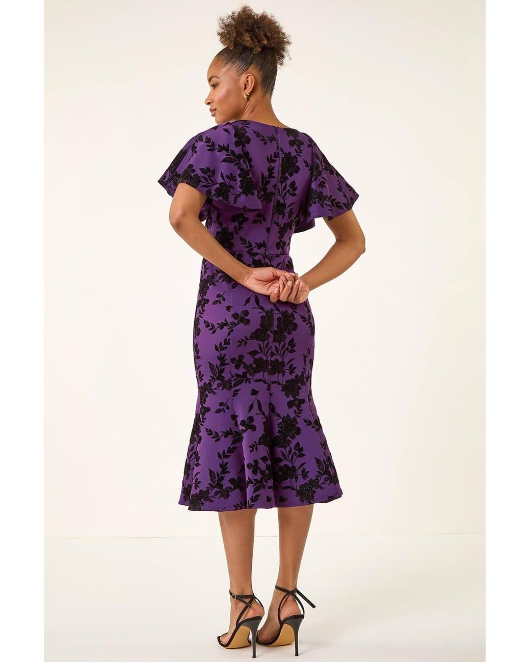 Roman Gray Glitter Floral Flocked Flutter Dress