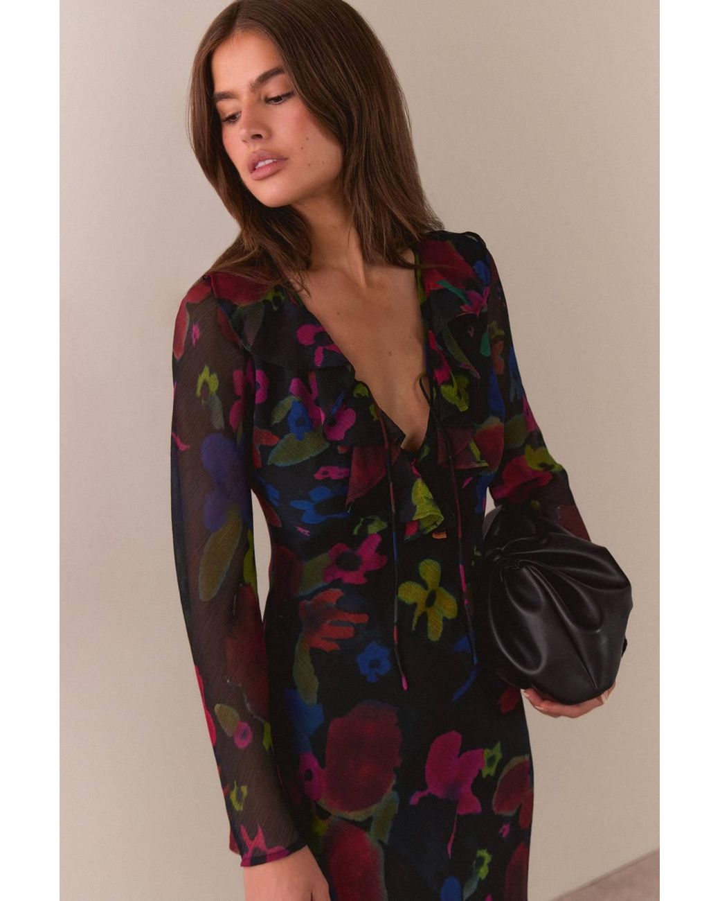 Warehouse Brown Petite Premium Dispersed Floral Maxi Dress
