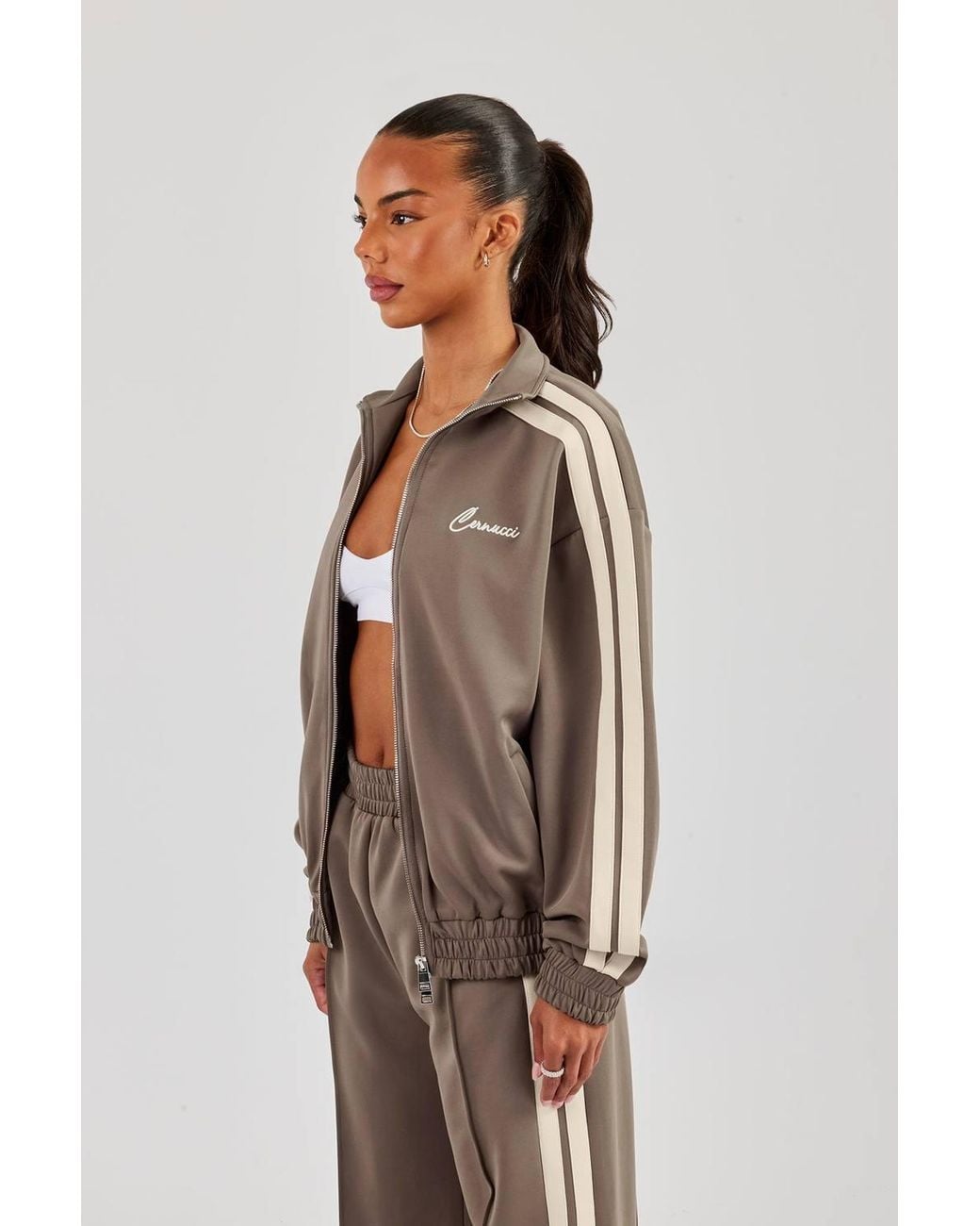 CERNUCCI Brown Funnel Neck Taping Zip Through Track Jacket