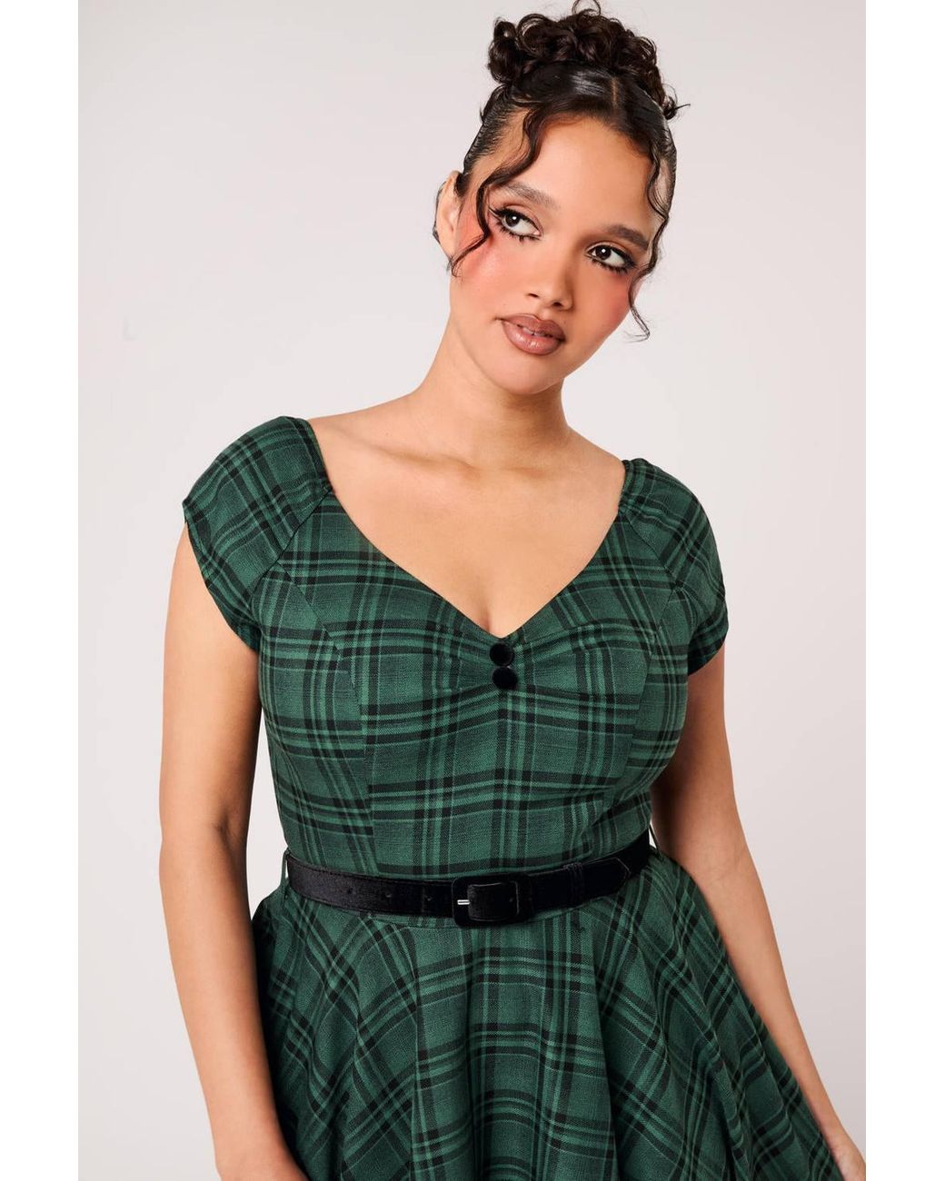 Hell Bunny Green Eden Tartan 50S Style Vintage Midi Dress With Belt