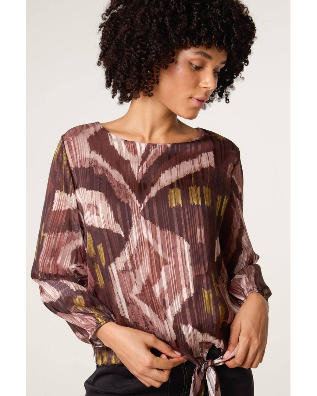 Blue Vanilla Brown Long Sleeve V-Neck Blouse