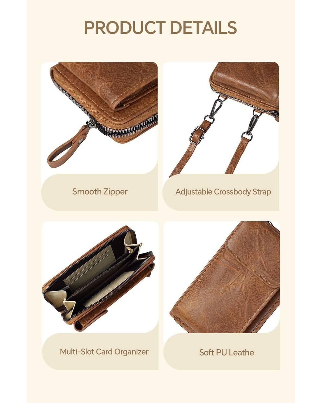 MODISHION Brown Pu Leather Crossbody Phone Bag With Adjustable Strap