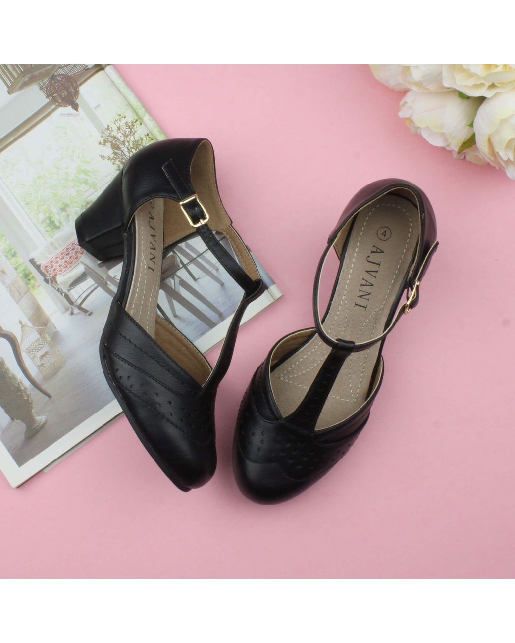 AJVANI Black Mid Heel Comfort T-Bar Brogue Heels