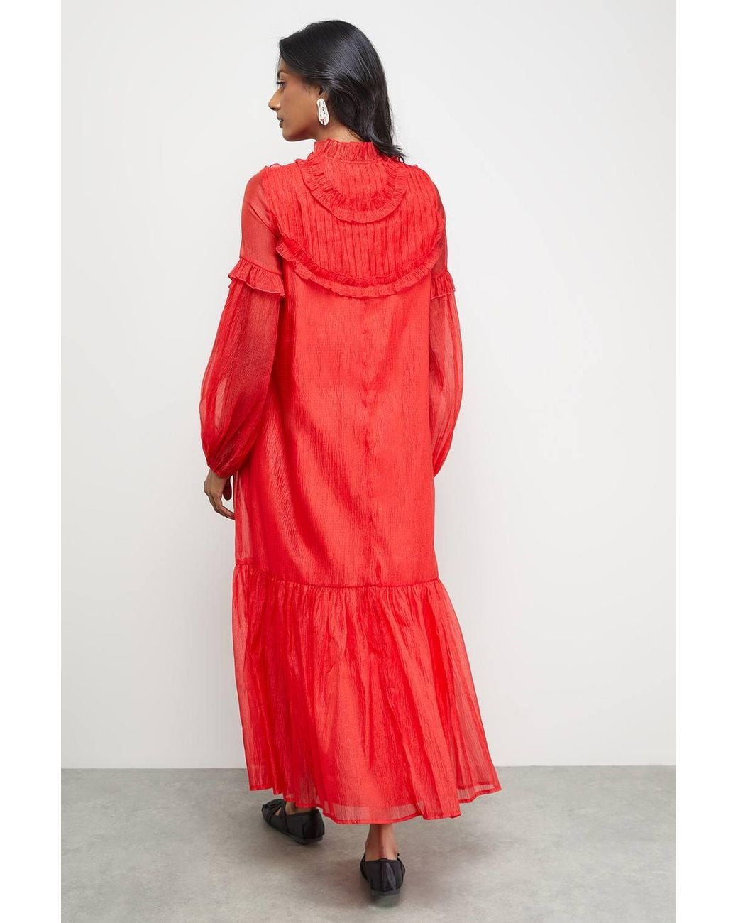 Warehouse Red Premium Crinkle Stripe Organza Frill Pleat Detail Midi Dress