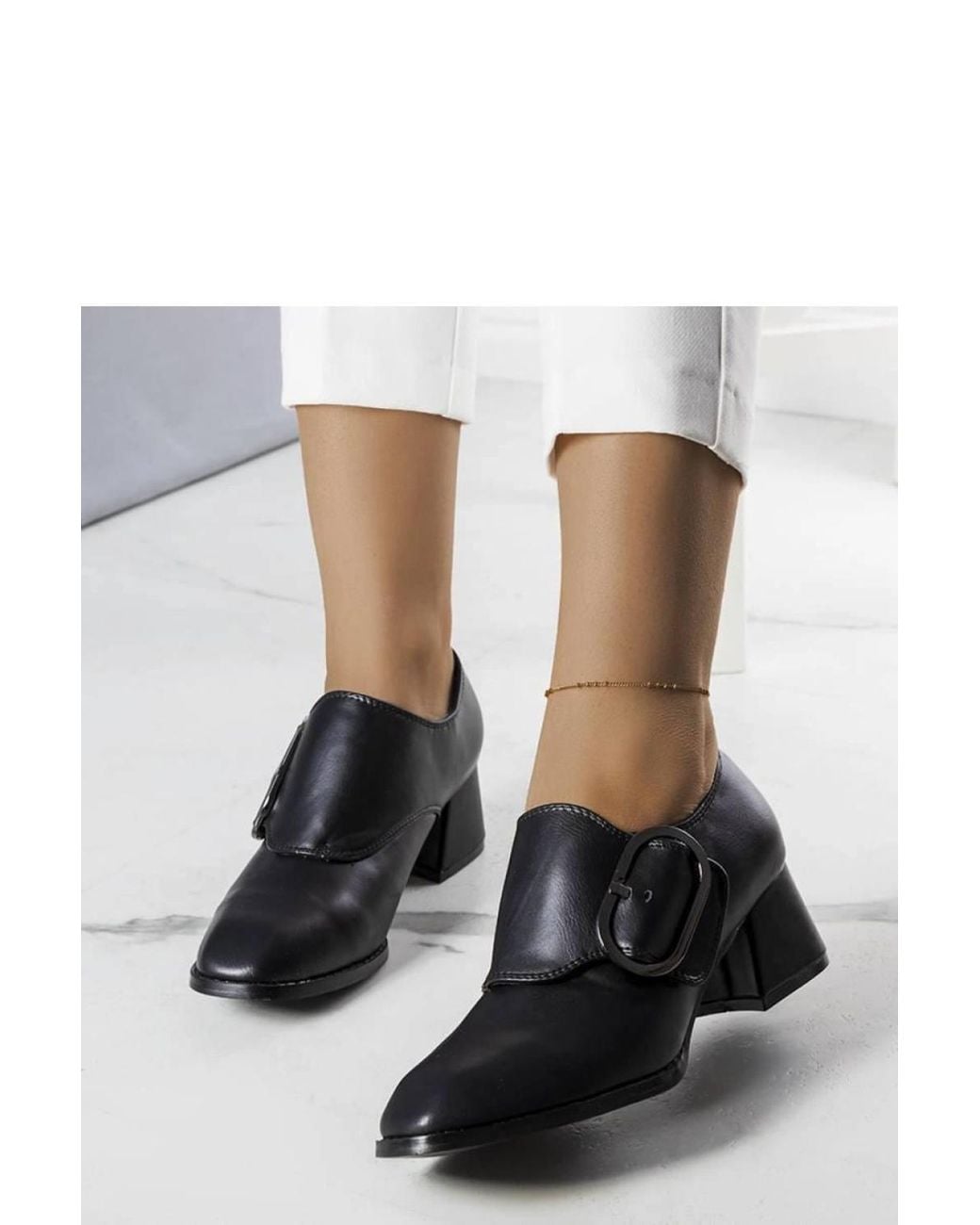 Love Lace White Elegant Low Heel Square Toe Pump With Buckle Strap Velcro Comfort