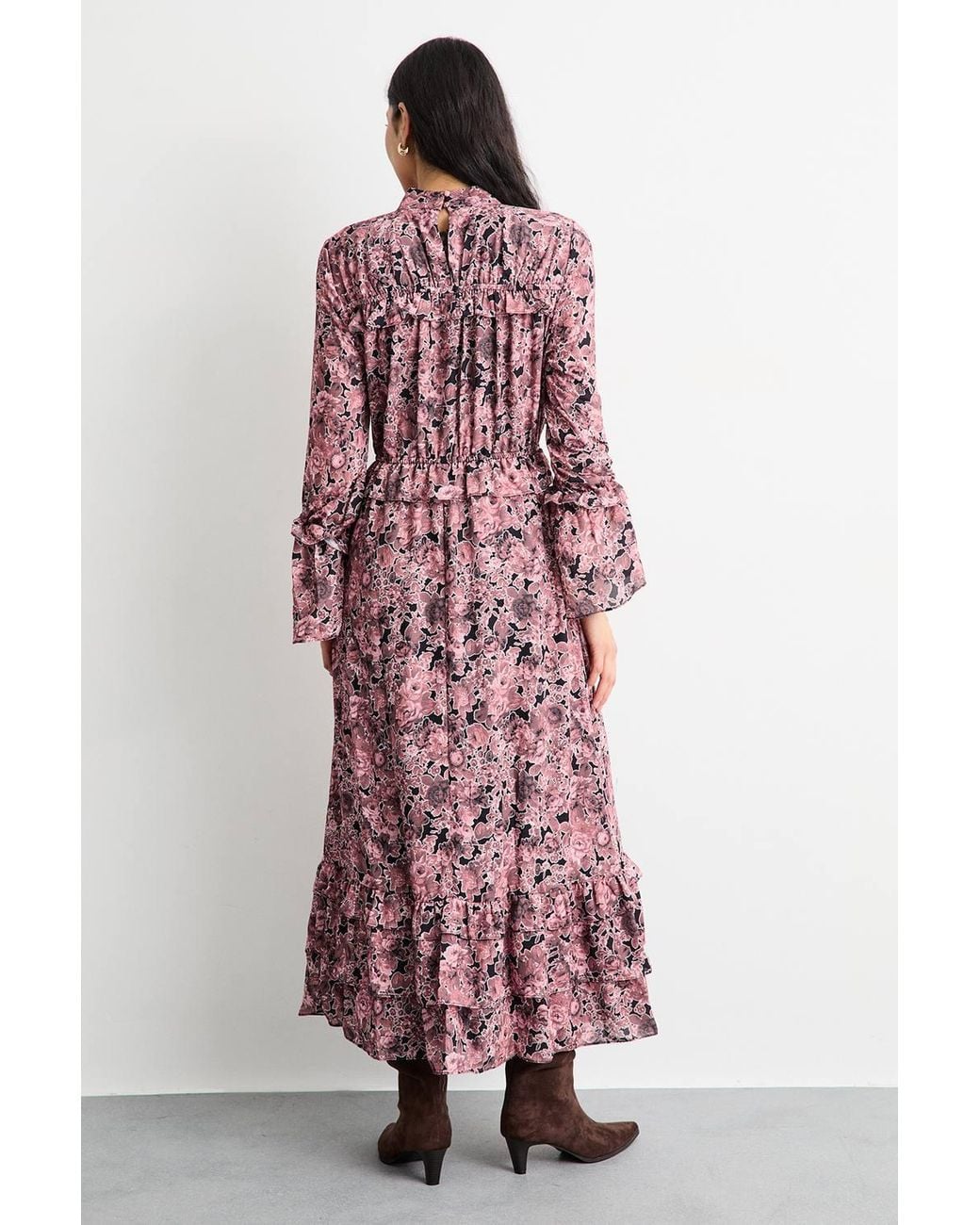 Warehouse Brown Chiffon Shirred Frill Detail High Neck Midi Dress